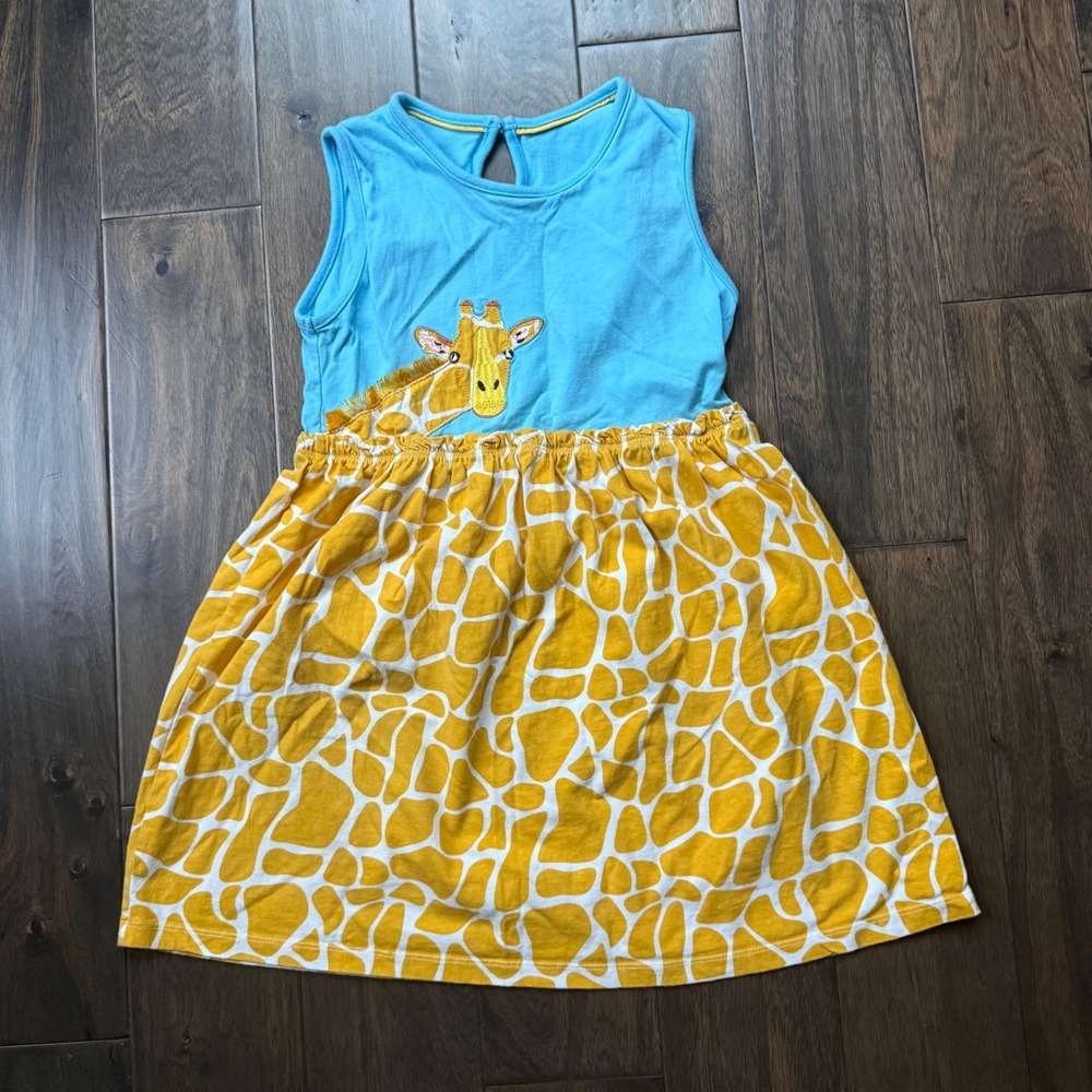 Unbranded Giraffe Applique Dress Kids 7T Blue Yellow Excellent Animal Print